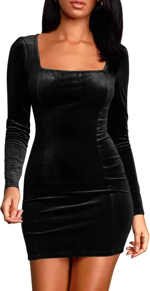 cailami Women's Sexy Bodycon Long Sleeve Velvet Elegant Mini Homecoming Party Dresses
