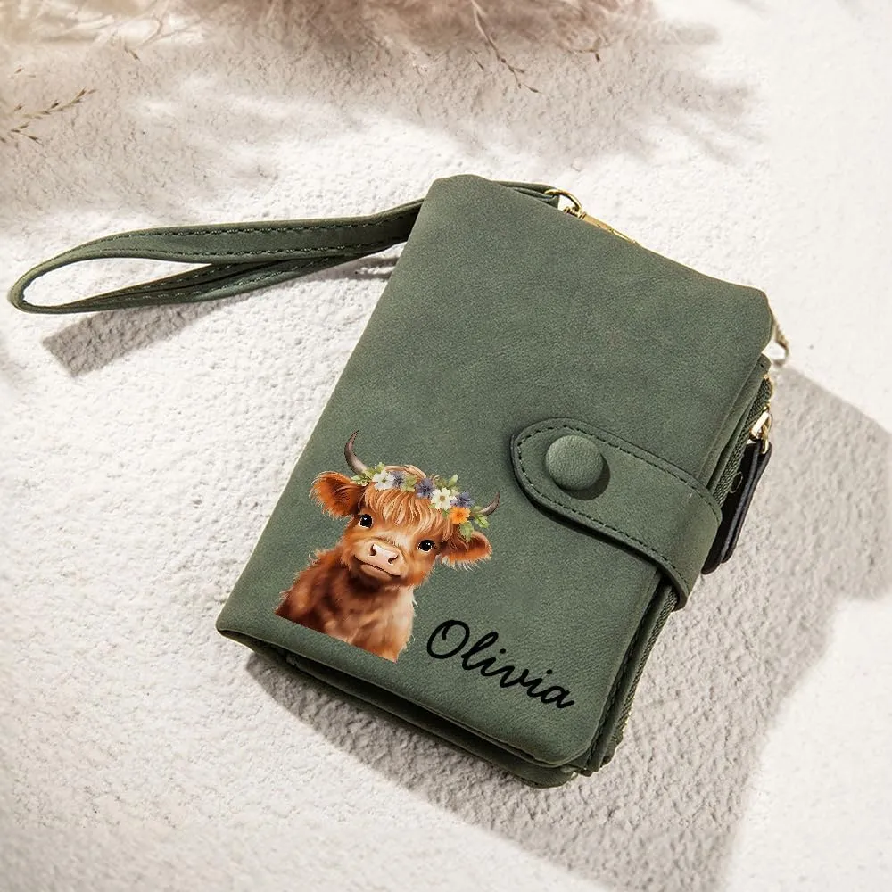 callie Personalized Highland Cow Wallet for Women Girls, Custom Name Leather Floral Wallet Card Holder Purse, Christmas Birthday Gifts for Highland Cow Lovers