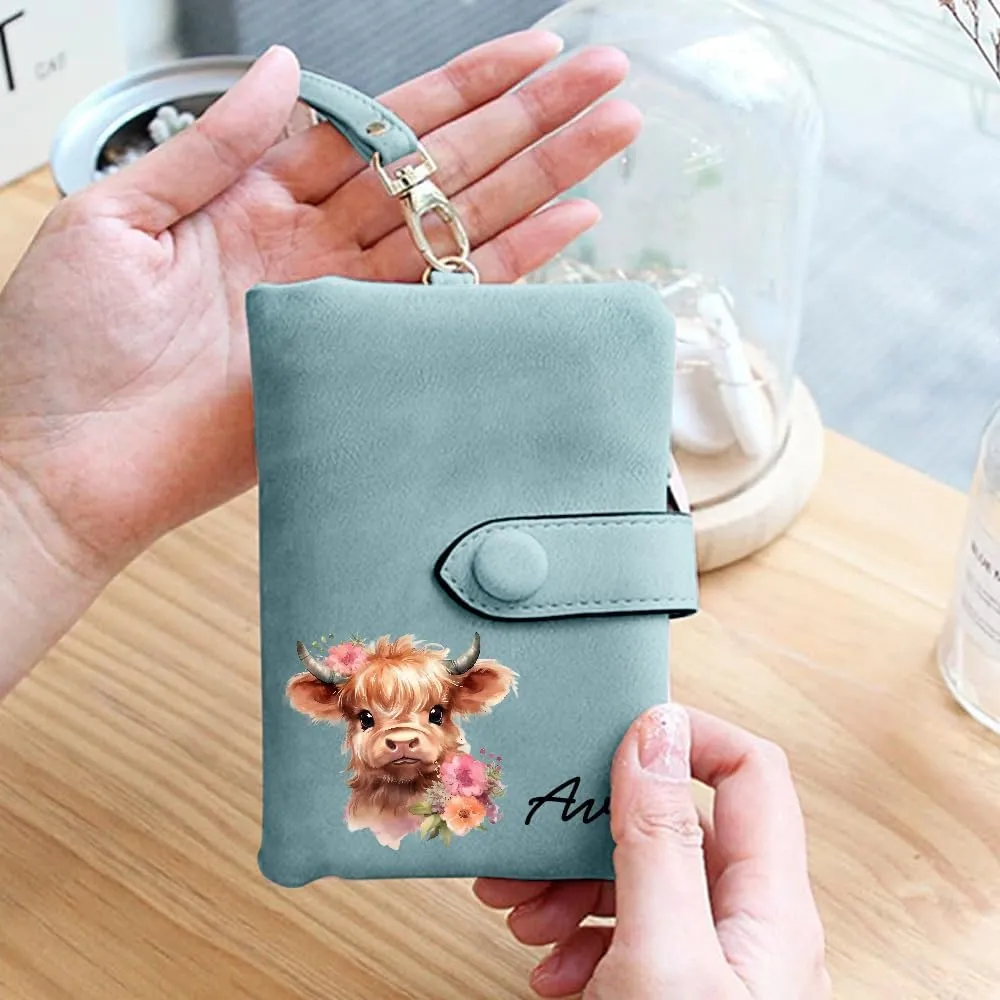 callie Personalized Highland Cow Wallet for Women Girls, Custom Name Leather Floral Wallet Card Holder Purse, Christmas Birthday Gifts for Highland Cow Lovers