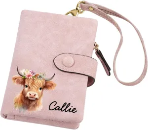 callie Personalized Highland Cow Wallet for Women Girls, Custom Name Leather Floral Wallet Card Holder Purse, Christmas Birthday Gifts for Highland Cow Lovers