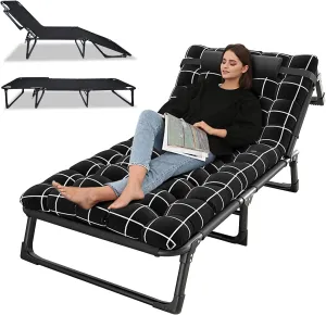 Camping Cot for Adults, Adjustable 4-Position Adults Reclining Lounge Chair with Pillow & Mattress,Outdoor Lounge Chair Sleeping Cot Bed, Perfect for Office, Pool, Beach, Patio