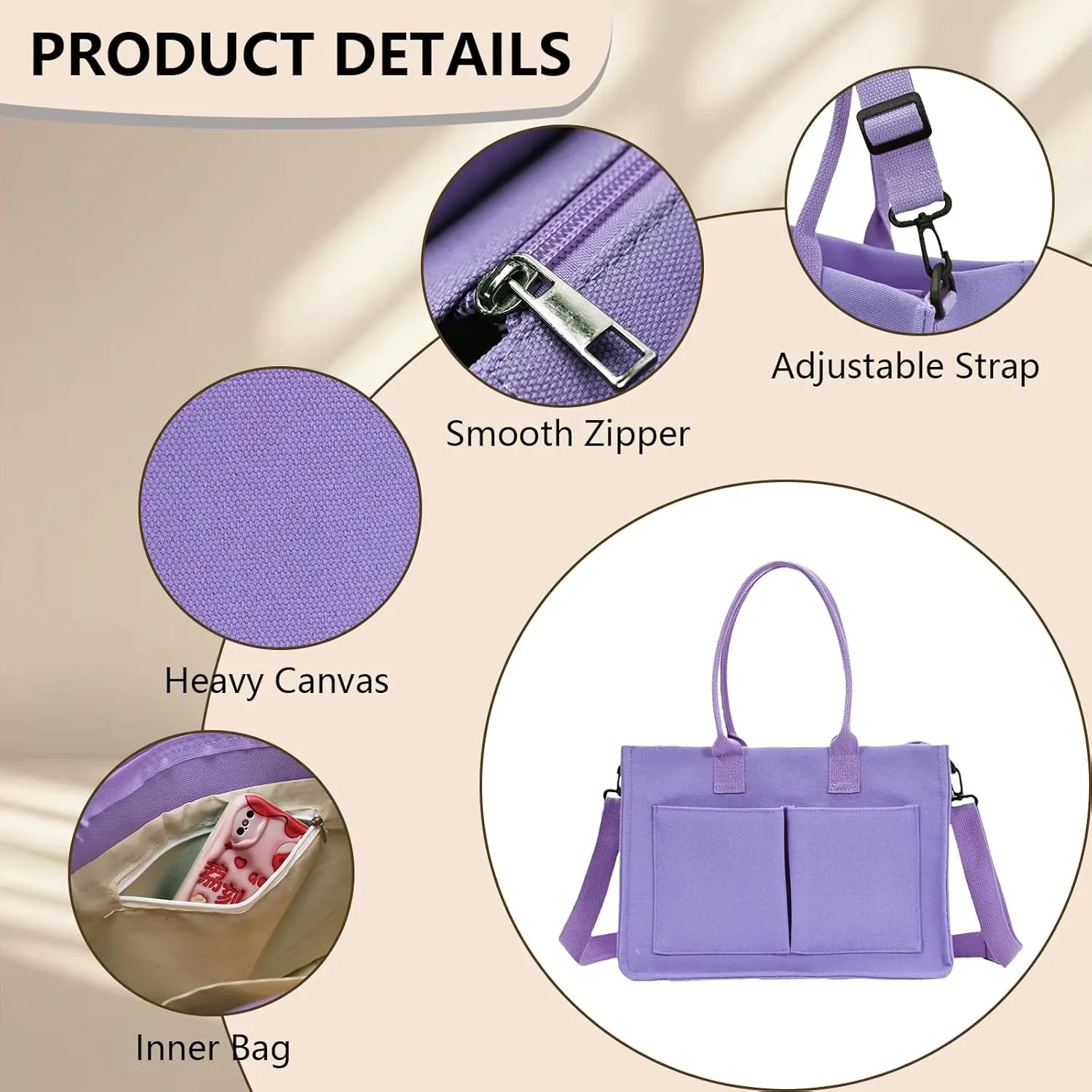 Canvas Tote Bag for Women with Pockets Crossbody Shoulder Bag Multi-Compartment Handbag for Work Travel with Zipper