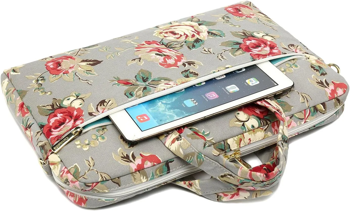 Canvaslove Grey Rose Pattern Waterproof Laptop Shoulder Messenger Bag Case With Rebound Bubble Protection for MacBook Pro 16 inch,LG Gram 16 inch and 15 inch-15.6 inch laptop