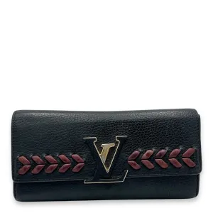 Capucines Long Black Wallet in Calfskin, Gold hardware