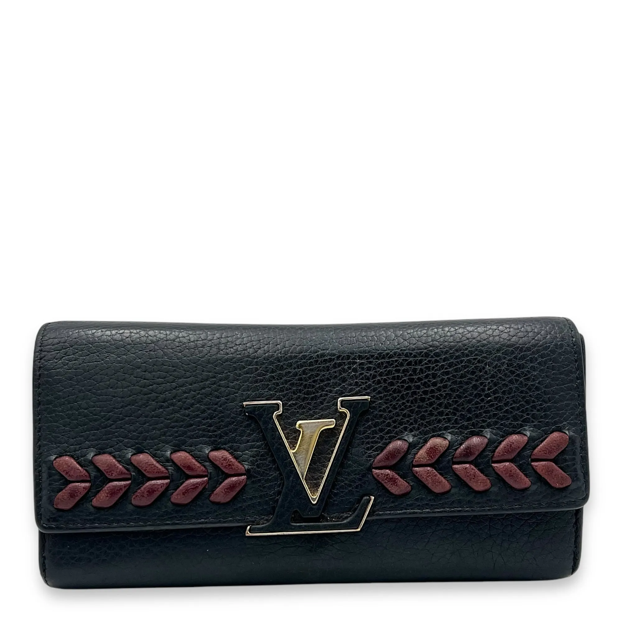 Capucines Long Black Wallet in Calfskin, Gold hardware