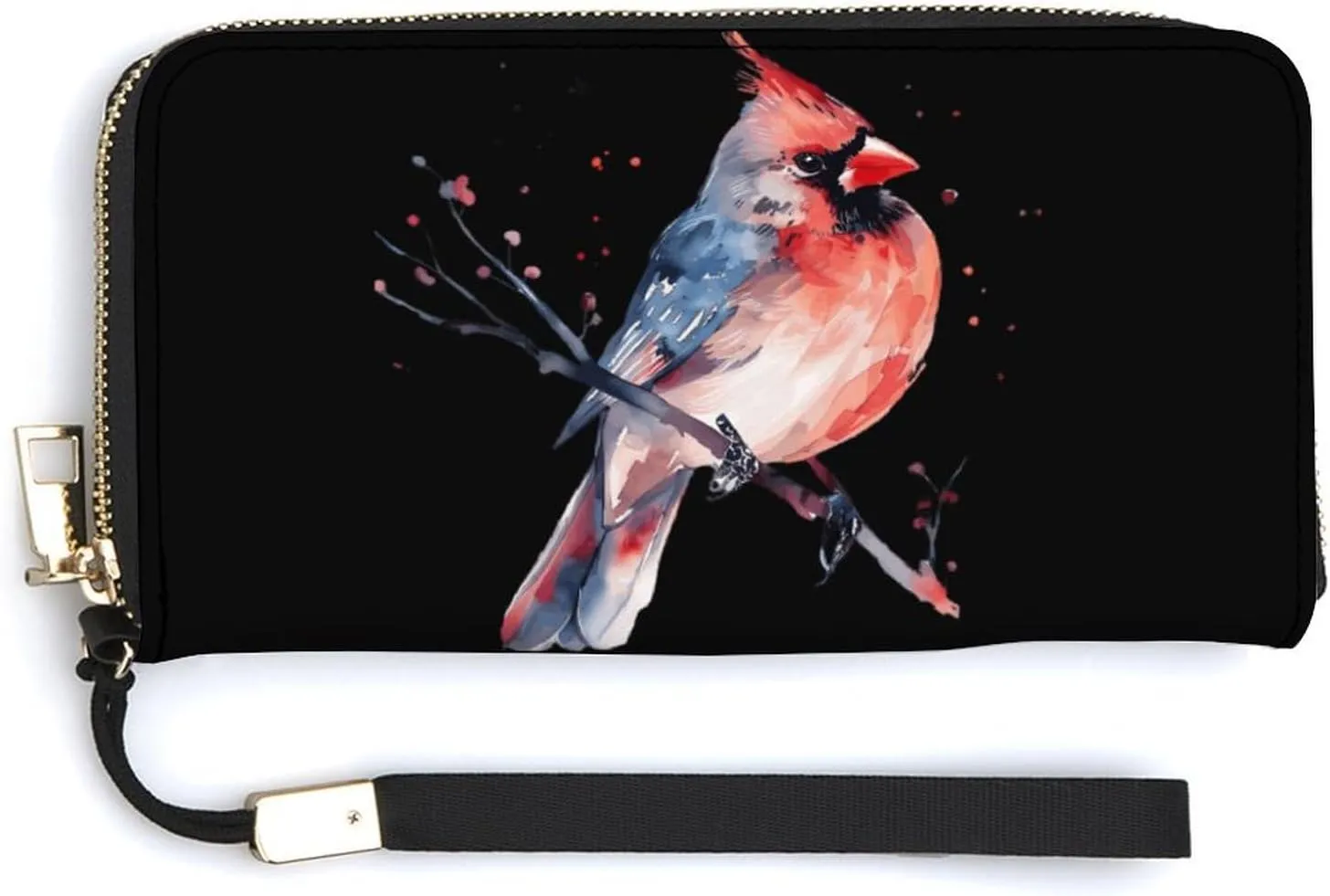 Cardinal Songbird Watercolor Women's Long Wallet for Men Stylish Slim Credit Card Case Holder Wrist Strap Purse