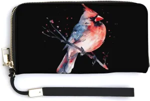 Cardinal Songbird Watercolor Women's Long Wallet for Men Stylish Slim Credit Card Case Holder Wrist Strap Purse