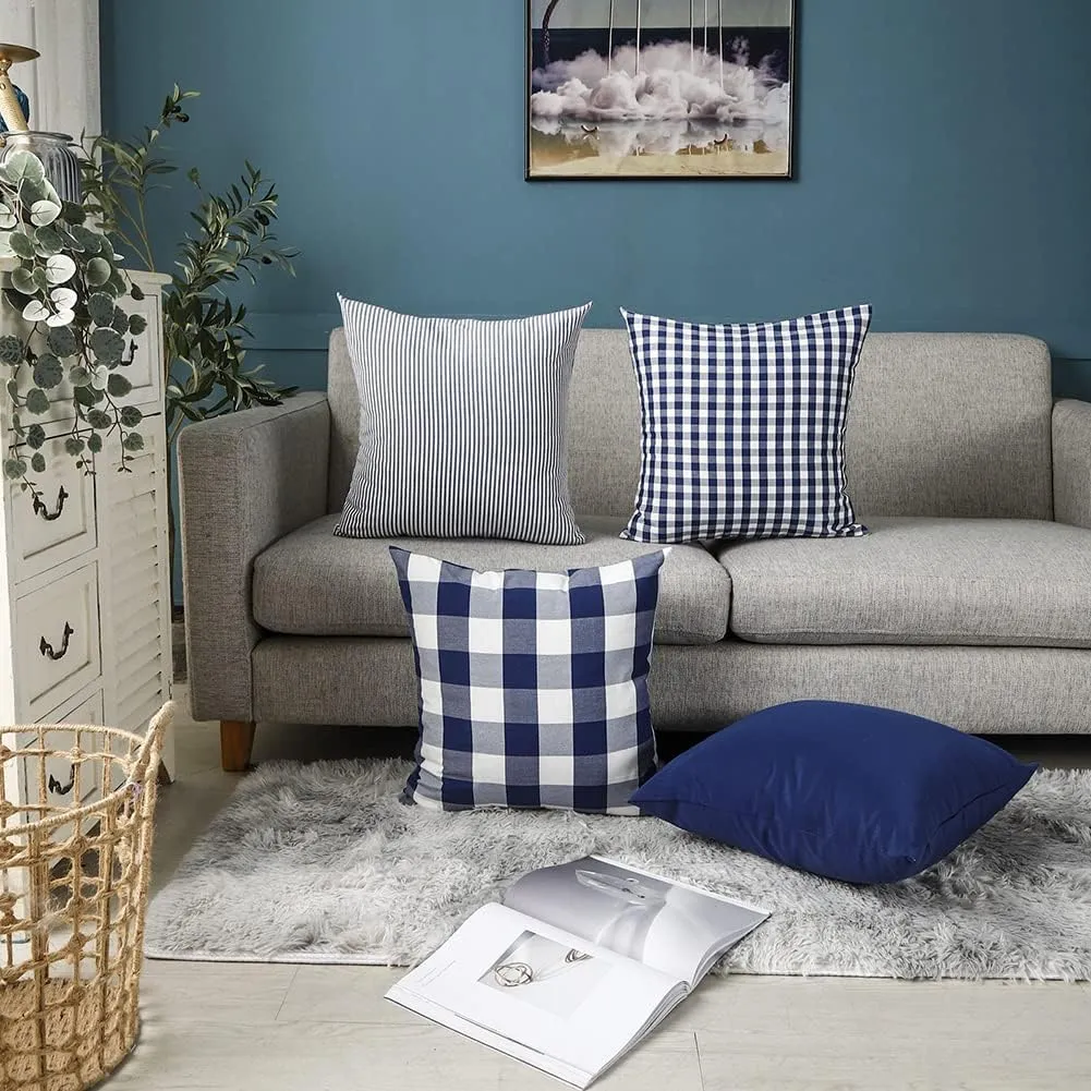 CARRIE HOME Navy Blue Outdoor Buffalo Plaid 20x20 Throw Pillow Covers Set of 4, Checkered Blue and White Decorative Pillow Covers 20 x 20, Farmhouse Decor Throw Pillows for Porch and Patio