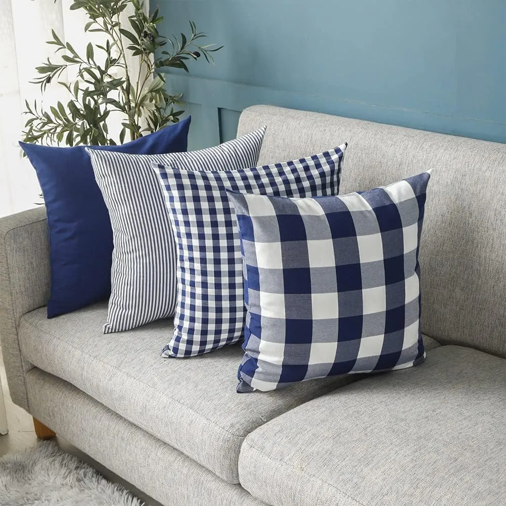 CARRIE HOME Navy Blue Outdoor Buffalo Plaid 20x20 Throw Pillow Covers Set of 4, Checkered Blue and White Decorative Pillow Covers 20 x 20, Farmhouse Decor Throw Pillows for Porch and Patio
