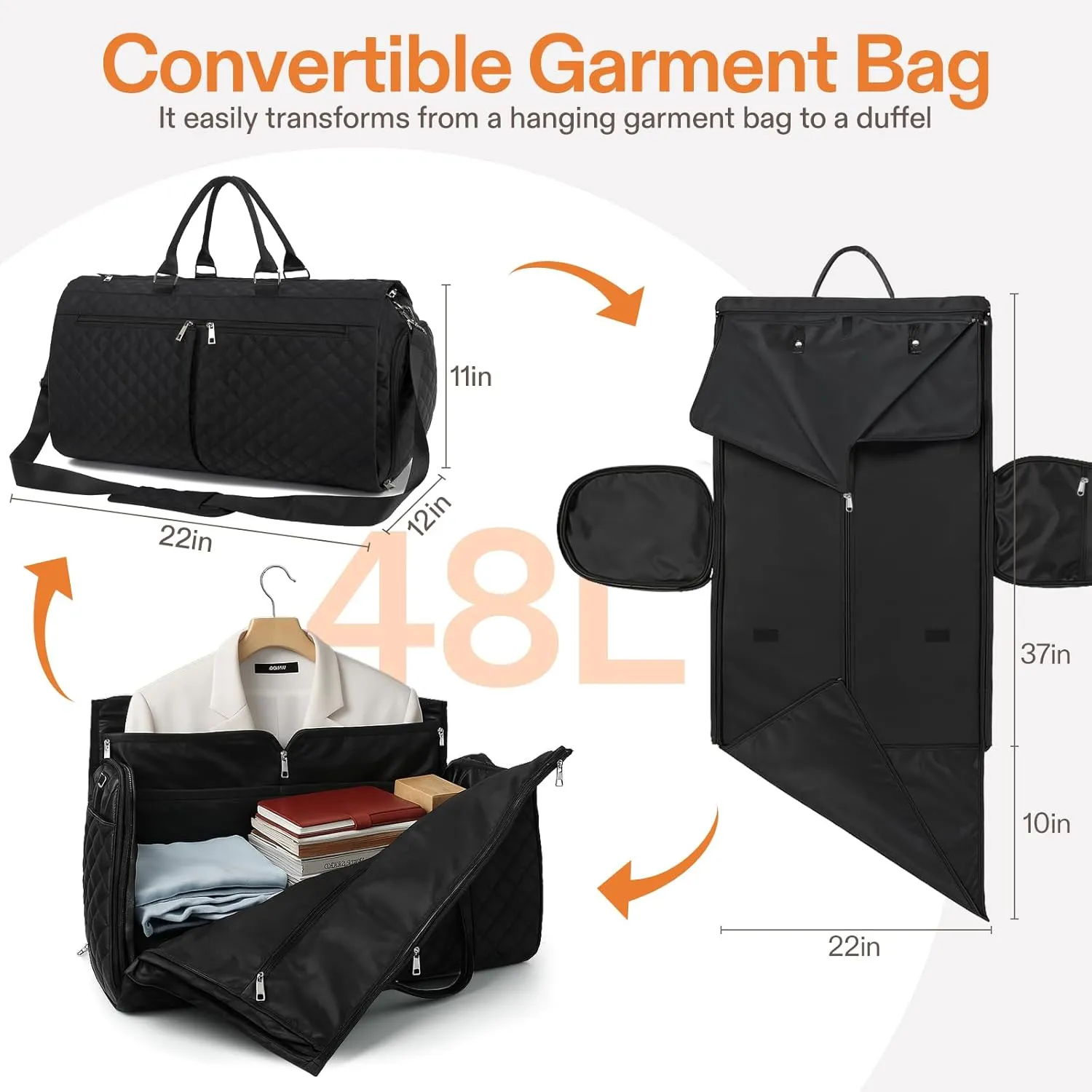 Carry on Garment Bag, 2 in 1 Convertible Travel Bags Premium SBS Zipper & Upgraded Anti-Slip Zipper Design, Detachable Shoulder Strap Duffle Bag with Toiletry Compartment & Shoe Pouch for Women Men