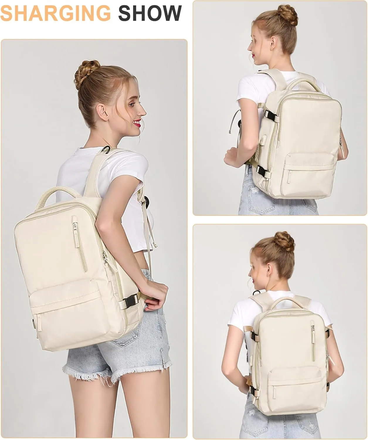 Carry on Travel Laptop Backpack for Women Men, Flight Approved,Backpack, Hiking Outdoor Sports Rucksack Casual Daypack Bag Backpack, Beige Simple