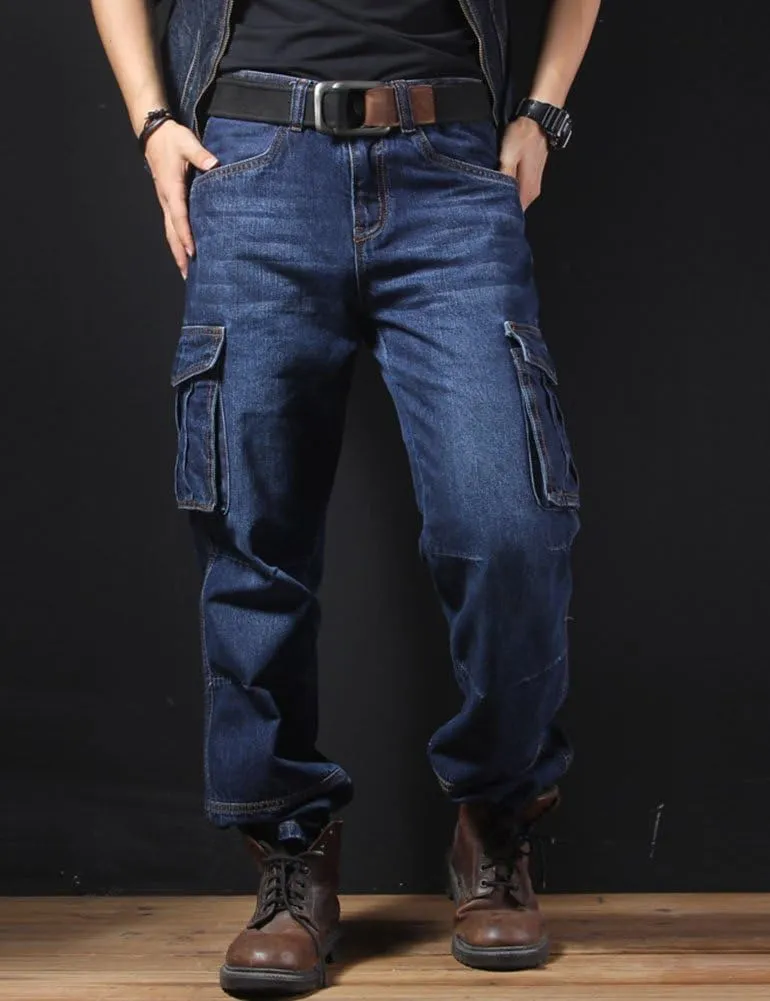 Casual Motorcycle Workwear Multi Pockets Denim Biker Cargo Jeans Pants
