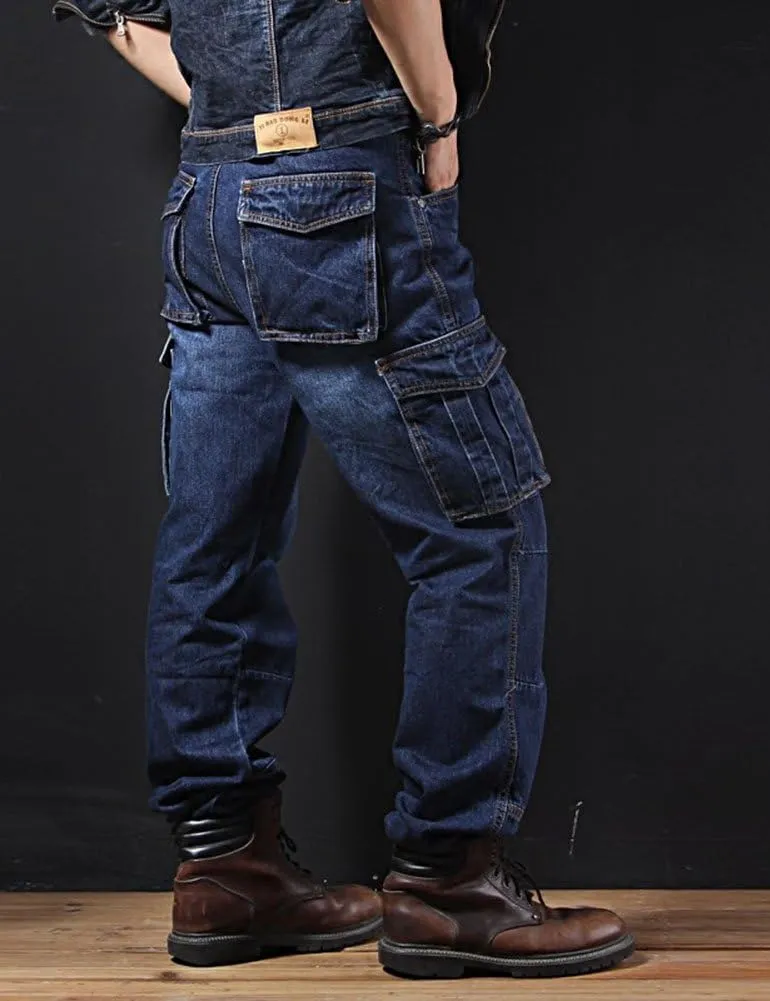 Casual Motorcycle Workwear Multi Pockets Denim Biker Cargo Jeans Pants