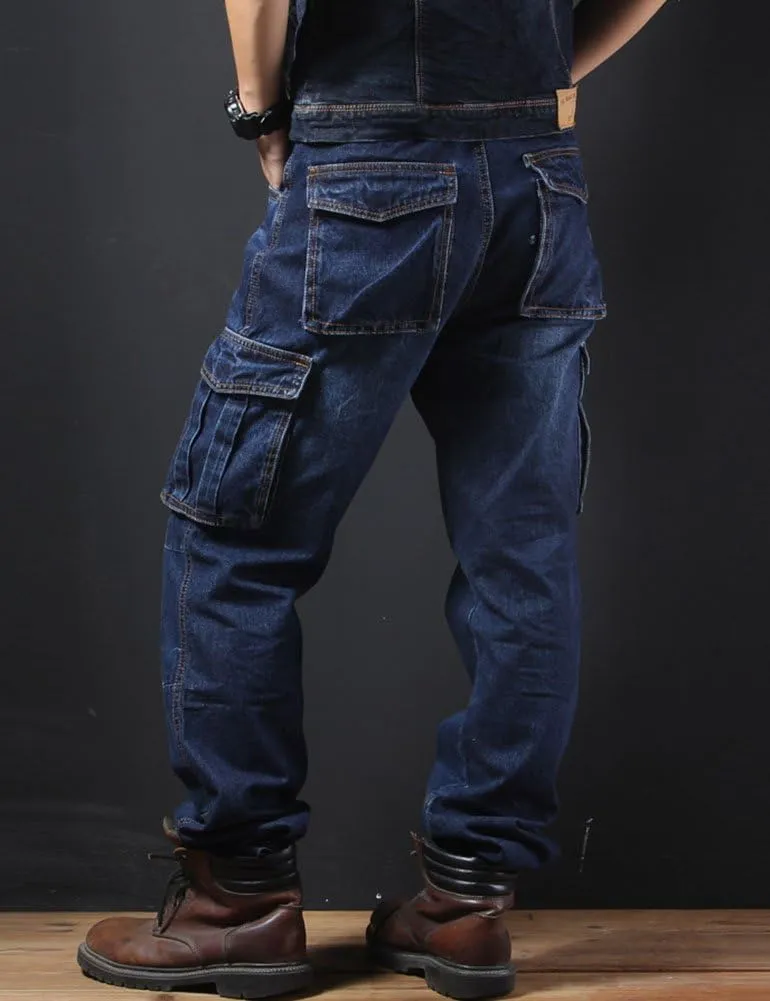 Casual Motorcycle Workwear Multi Pockets Denim Biker Cargo Jeans Pants