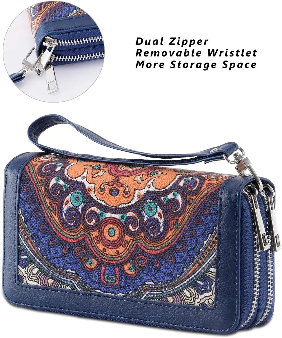 Cellphone Wallet for Women Dual Zipper Long Purse with Removable Wristlet