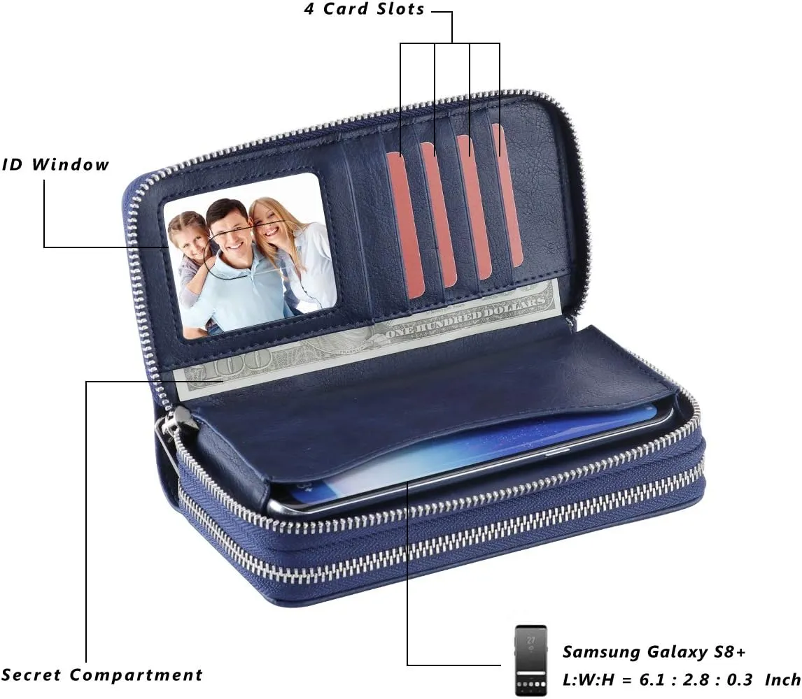 Cellphone Wallet for Women Dual Zipper Long Purse with Removable Wristlet