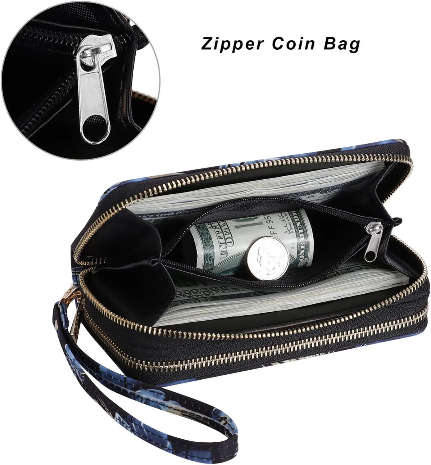 Cellphone Wallet for Women Dual Zipper Long Purse with Removable Wristlet