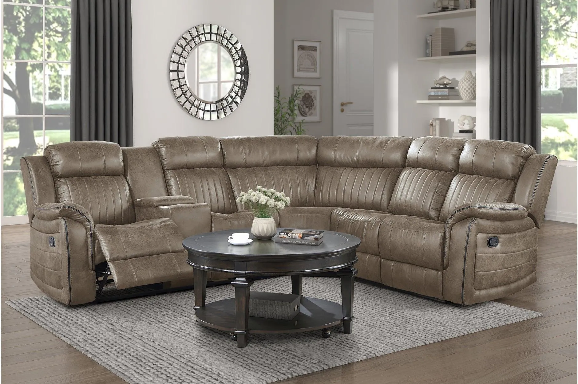 Centeroak Brown Gray Faux Leather Reclining Sectional