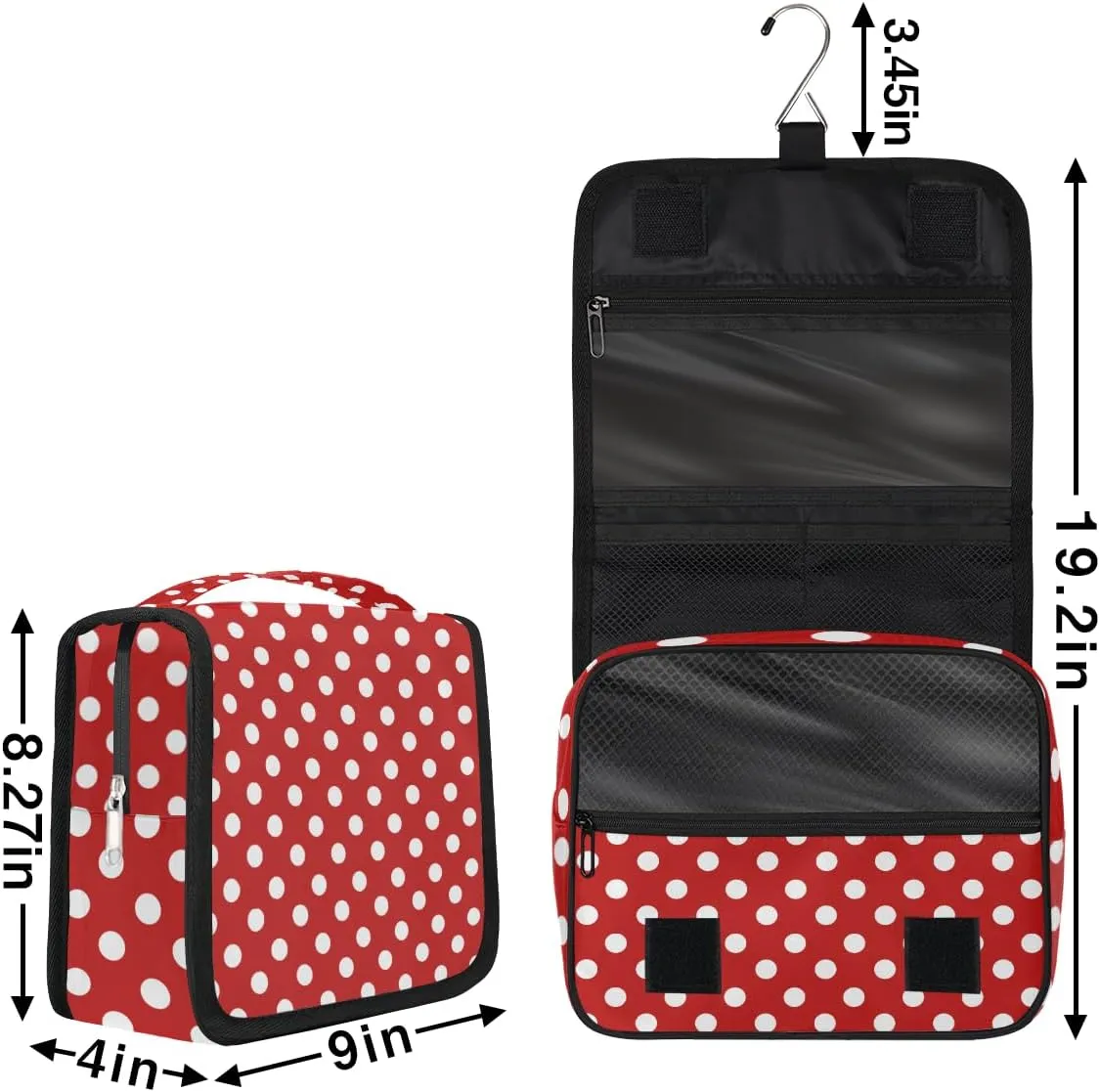cfpolar Red Polka Dot Travel Toiletry Bag with Hanging Hook, Waterproof Toiletries Travel Bag for Women Girls, Portable Make Up Bag Organizer, Hanging Case Cosmetics Bags for Bathroom