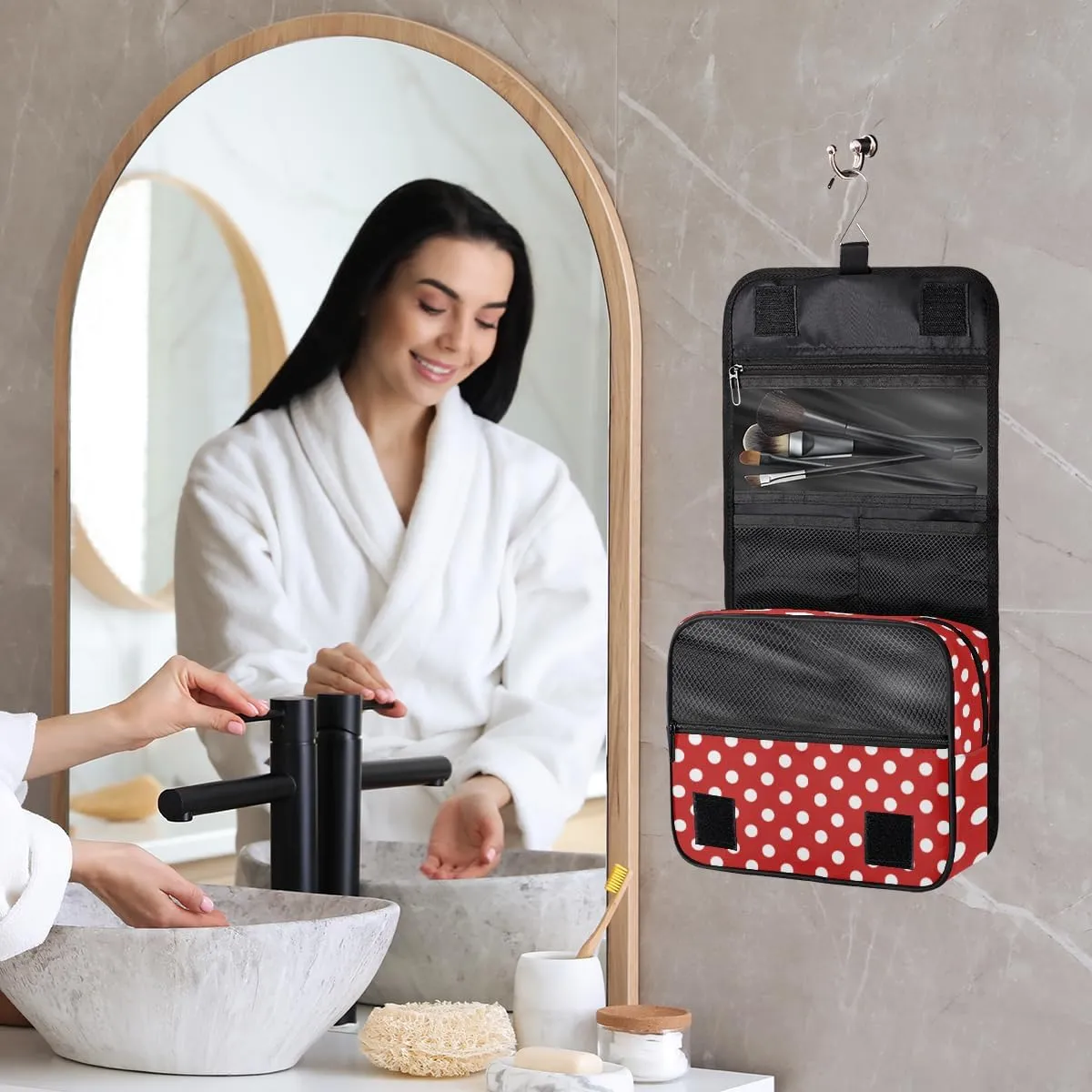 cfpolar Red Polka Dot Travel Toiletry Bag with Hanging Hook, Waterproof Toiletries Travel Bag for Women Girls, Portable Make Up Bag Organizer, Hanging Case Cosmetics Bags for Bathroom
