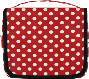 cfpolar Red Polka Dot Travel Toiletry Bag with Hanging Hook, Waterproof Toiletries Travel Bag for Women Girls, Portable Make Up Bag Organizer, Hanging Case Cosmetics Bags for Bathroom