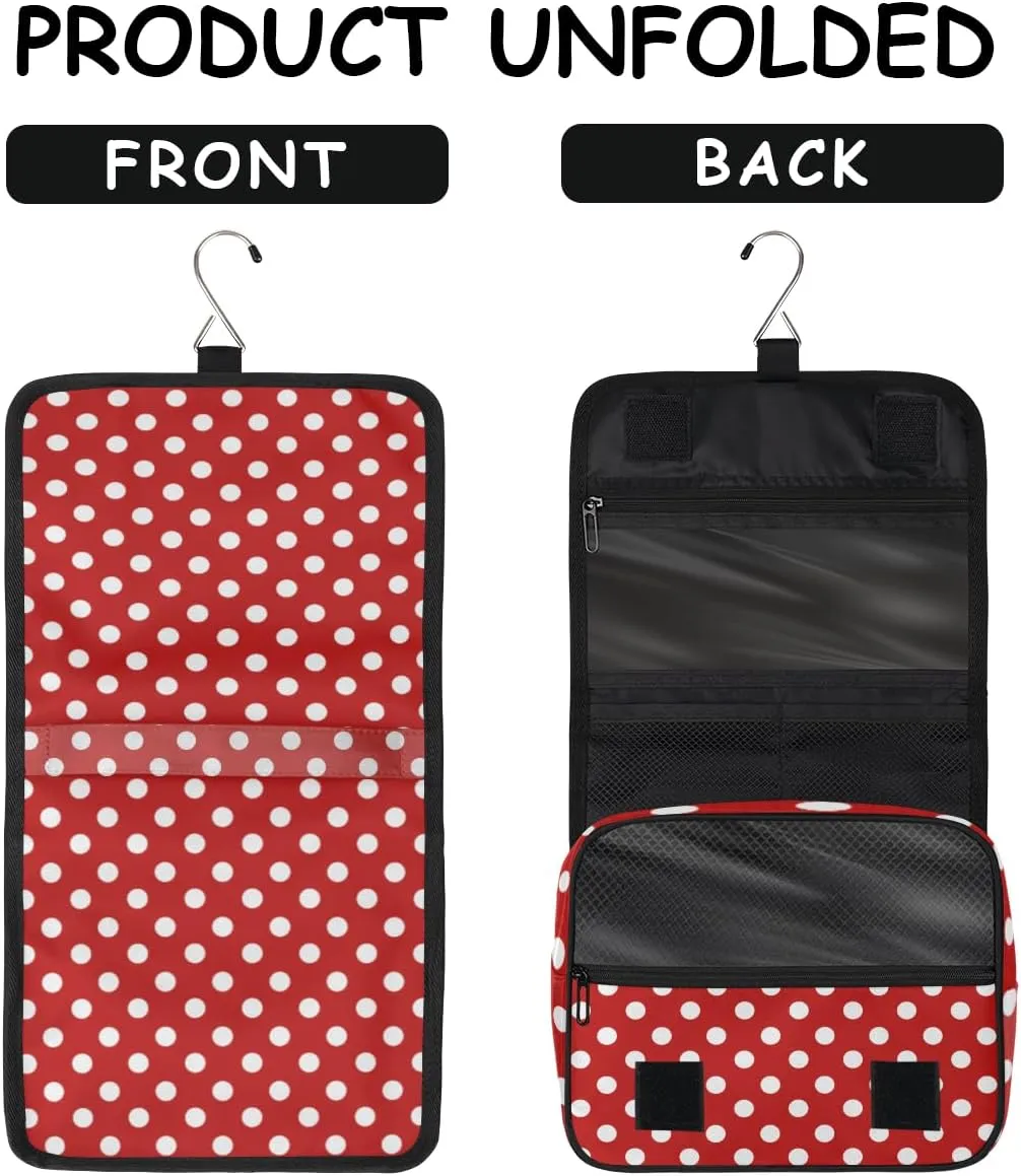 cfpolar Red Polka Dot Travel Toiletry Bag with Hanging Hook, Waterproof Toiletries Travel Bag for Women Girls, Portable Make Up Bag Organizer, Hanging Case Cosmetics Bags for Bathroom