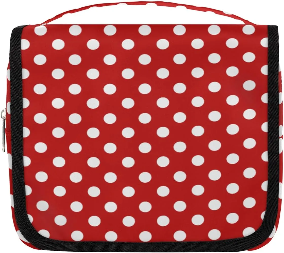 cfpolar Red Polka Dot Travel Toiletry Bag with Hanging Hook, Waterproof Toiletries Travel Bag for Women Girls, Portable Make Up Bag Organizer, Hanging Case Cosmetics Bags for Bathroom