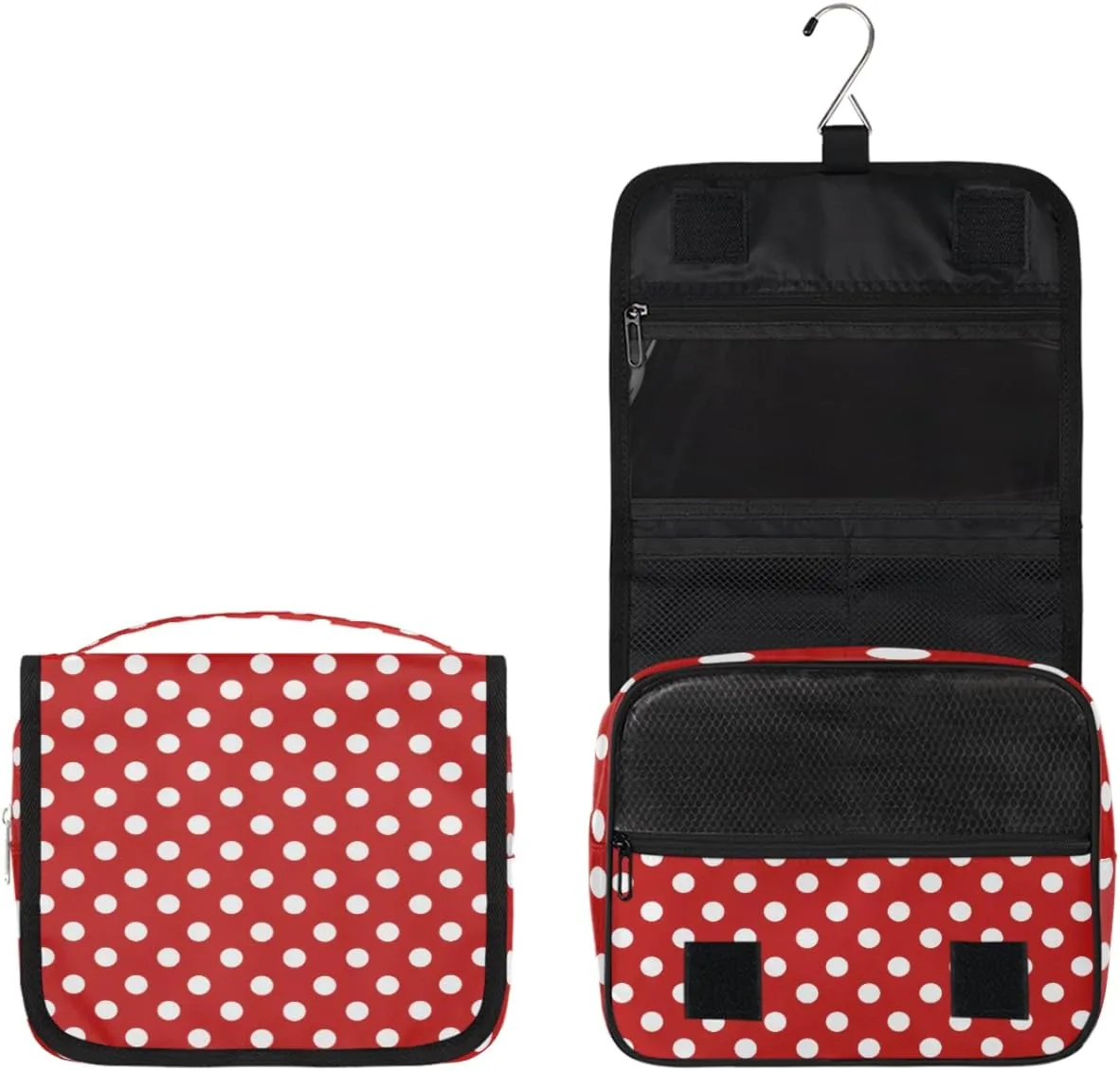 cfpolar Red Polka Dot Travel Toiletry Bag with Hanging Hook, Waterproof Toiletries Travel Bag for Women Girls, Portable Make Up Bag Organizer, Hanging Case Cosmetics Bags for Bathroom