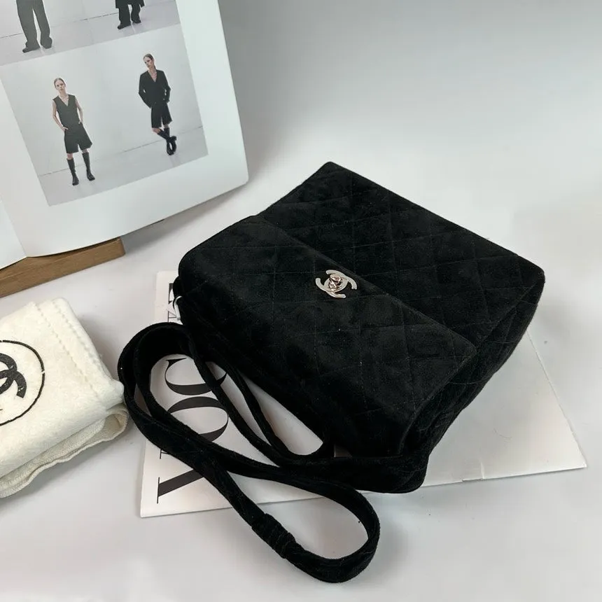 Chanel Black Velvet Crossbody Bag Silver Hardware