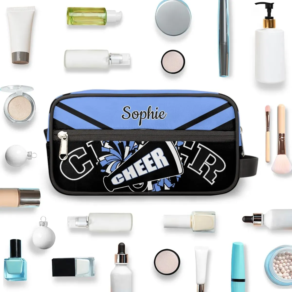 Cheer Personalized Toiletry Bag for Women Waterproof Cheerleader Cosmetic Makeup Bag Bathroom Travel Storage Bags with Handle for Cheer Team, Blue