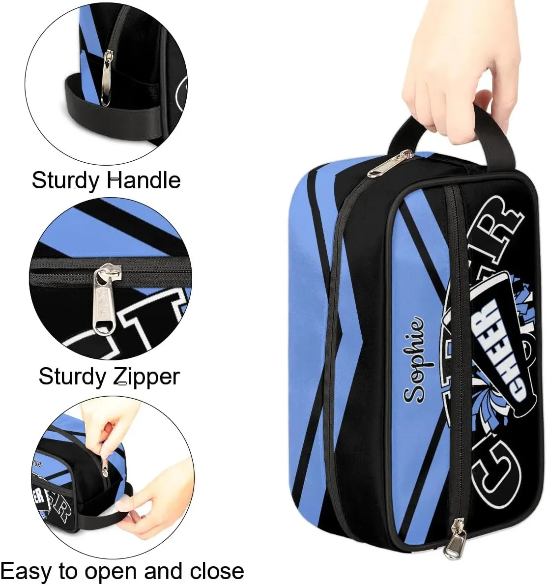 Cheer Personalized Toiletry Bag for Women Waterproof Cheerleader Cosmetic Makeup Bag Bathroom Travel Storage Bags with Handle for Cheer Team, Blue