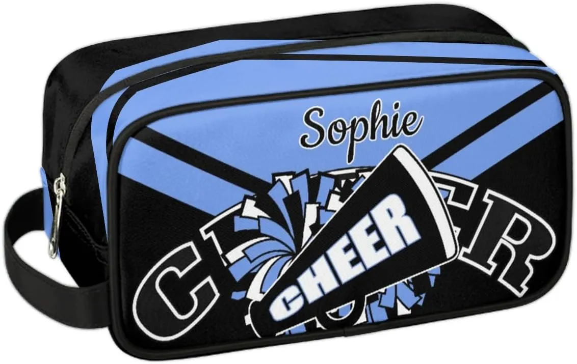 Cheer Personalized Toiletry Bag for Women Waterproof Cheerleader Cosmetic Makeup Bag Bathroom Travel Storage Bags with Handle for Cheer Team, Blue