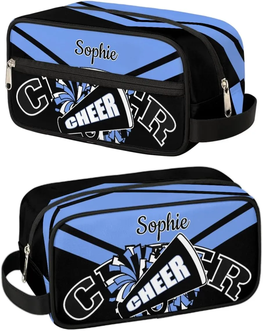 Cheer Personalized Toiletry Bag for Women Waterproof Cheerleader Cosmetic Makeup Bag Bathroom Travel Storage Bags with Handle for Cheer Team, Blue