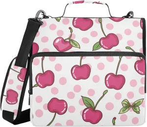 Cherry Leaves Dots Pink Zipper Binder with Shoulder Strap Trapper Keeper 3 Ring Binder Organizer Large Capacity Multiple Compartments for School Office
