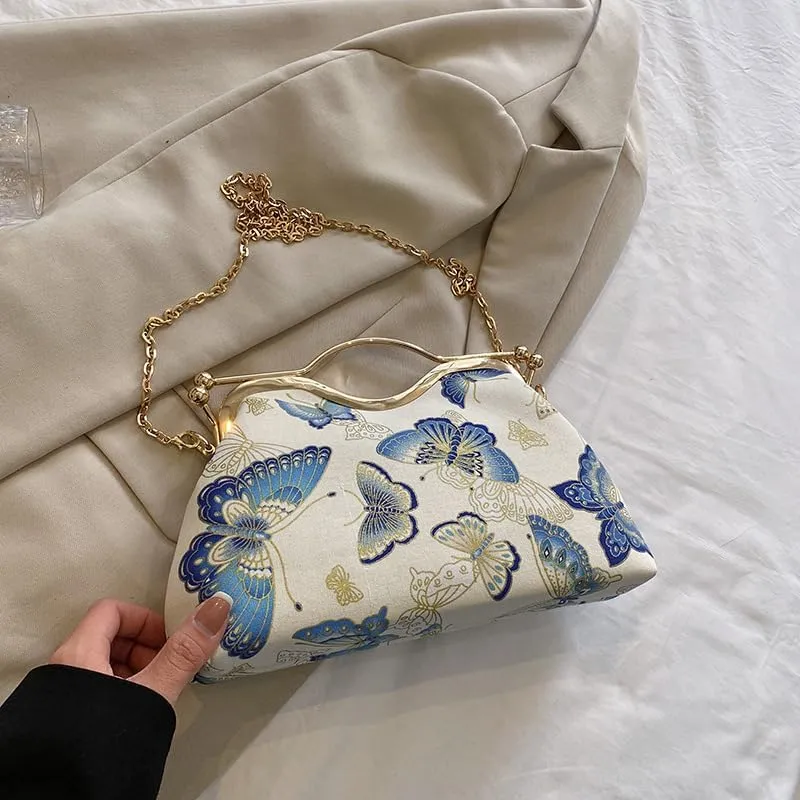 Chinese Style Embroidery Butterfly Handbag Women's Retro Western Style Crossbody Dinner Bag Gold Bag