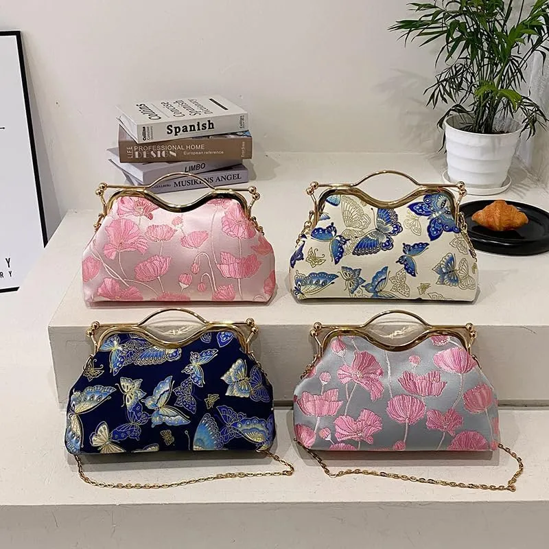 Chinese Style Embroidery Butterfly Handbag Women's Retro Western Style Crossbody Dinner Bag Gold Bag