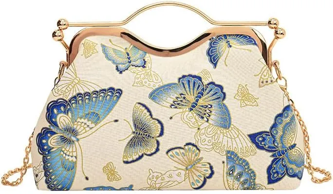 Chinese Style Embroidery Butterfly Handbag Women's Retro Western Style Crossbody Dinner Bag Gold Bag
