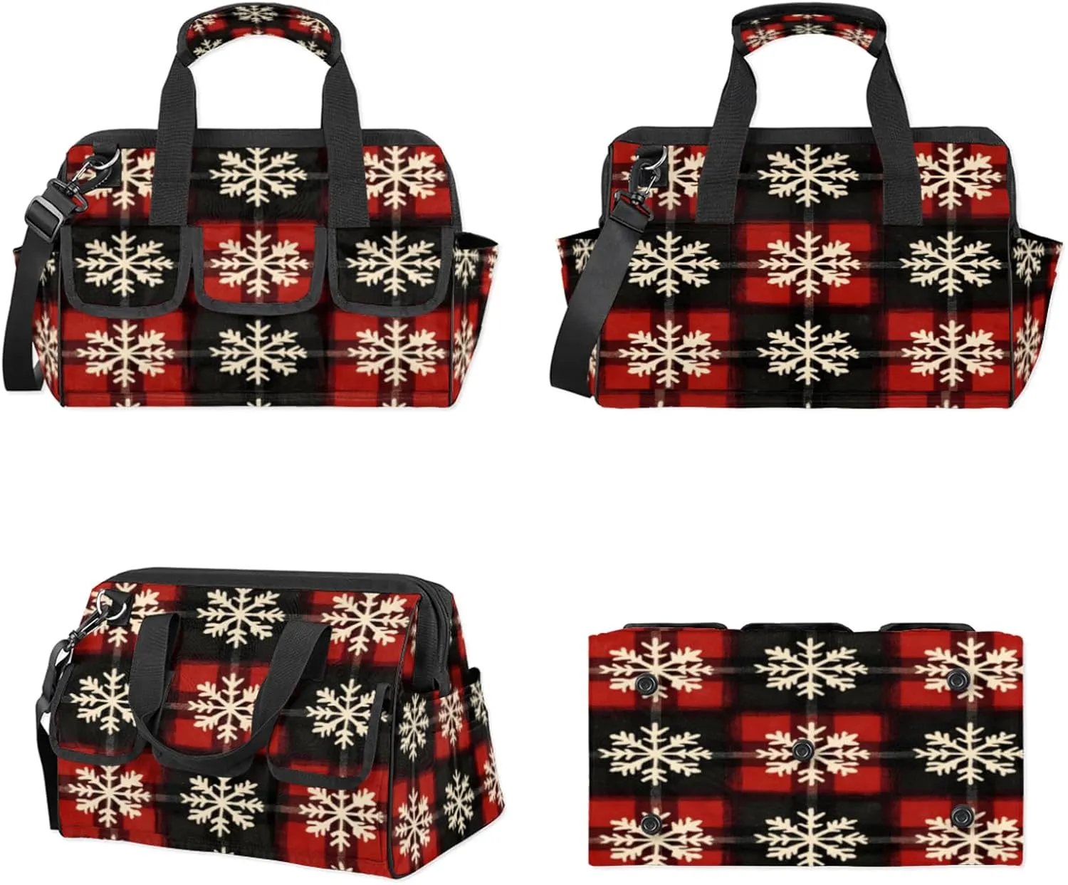 Christmas Snowflake Tool Bags for Men and Women Red Black Xmas Snowflake Heavy Duty Tool Tote Organizer Bag for Electrician Carpenter Mechanic, Adjustable Shoulder Strap