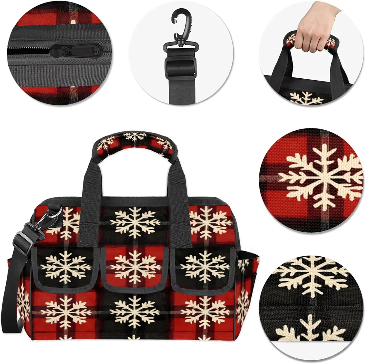 Christmas Snowflake Tool Bags for Men and Women Red Black Xmas Snowflake Heavy Duty Tool Tote Organizer Bag for Electrician Carpenter Mechanic, Adjustable Shoulder Strap