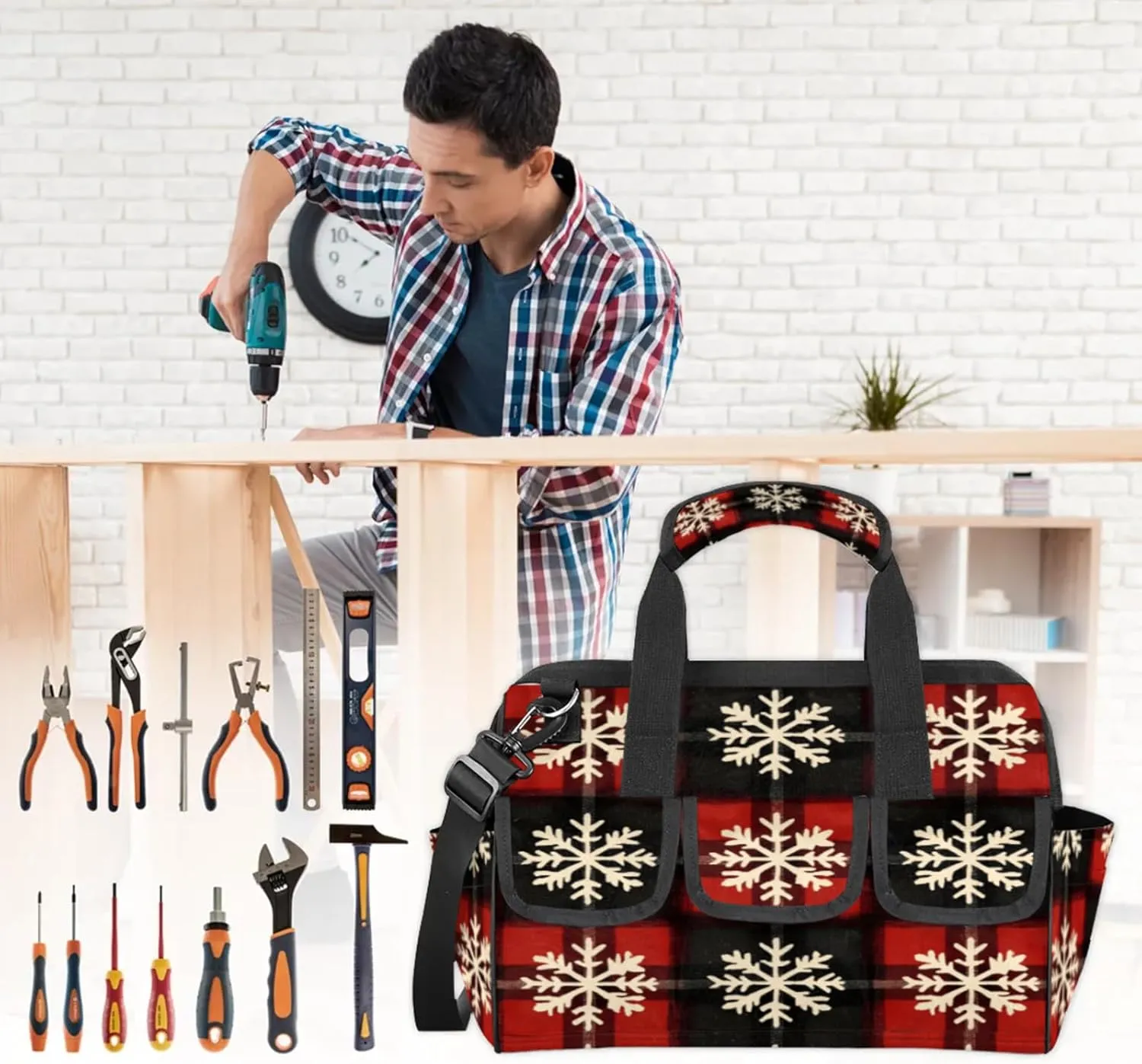 Christmas Snowflake Tool Bags for Men and Women Red Black Xmas Snowflake Heavy Duty Tool Tote Organizer Bag for Electrician Carpenter Mechanic, Adjustable Shoulder Strap