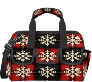 Christmas Snowflake Tool Bags for Men and Women Red Black Xmas Snowflake Heavy Duty Tool Tote Organizer Bag for Electrician Carpenter Mechanic, Adjustable Shoulder Strap