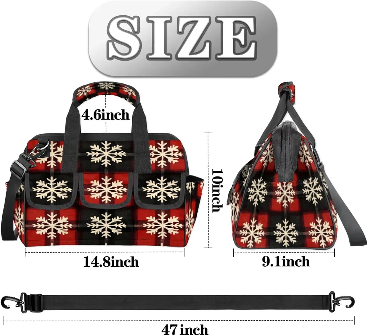 Christmas Snowflake Tool Bags for Men and Women Red Black Xmas Snowflake Heavy Duty Tool Tote Organizer Bag for Electrician Carpenter Mechanic, Adjustable Shoulder Strap