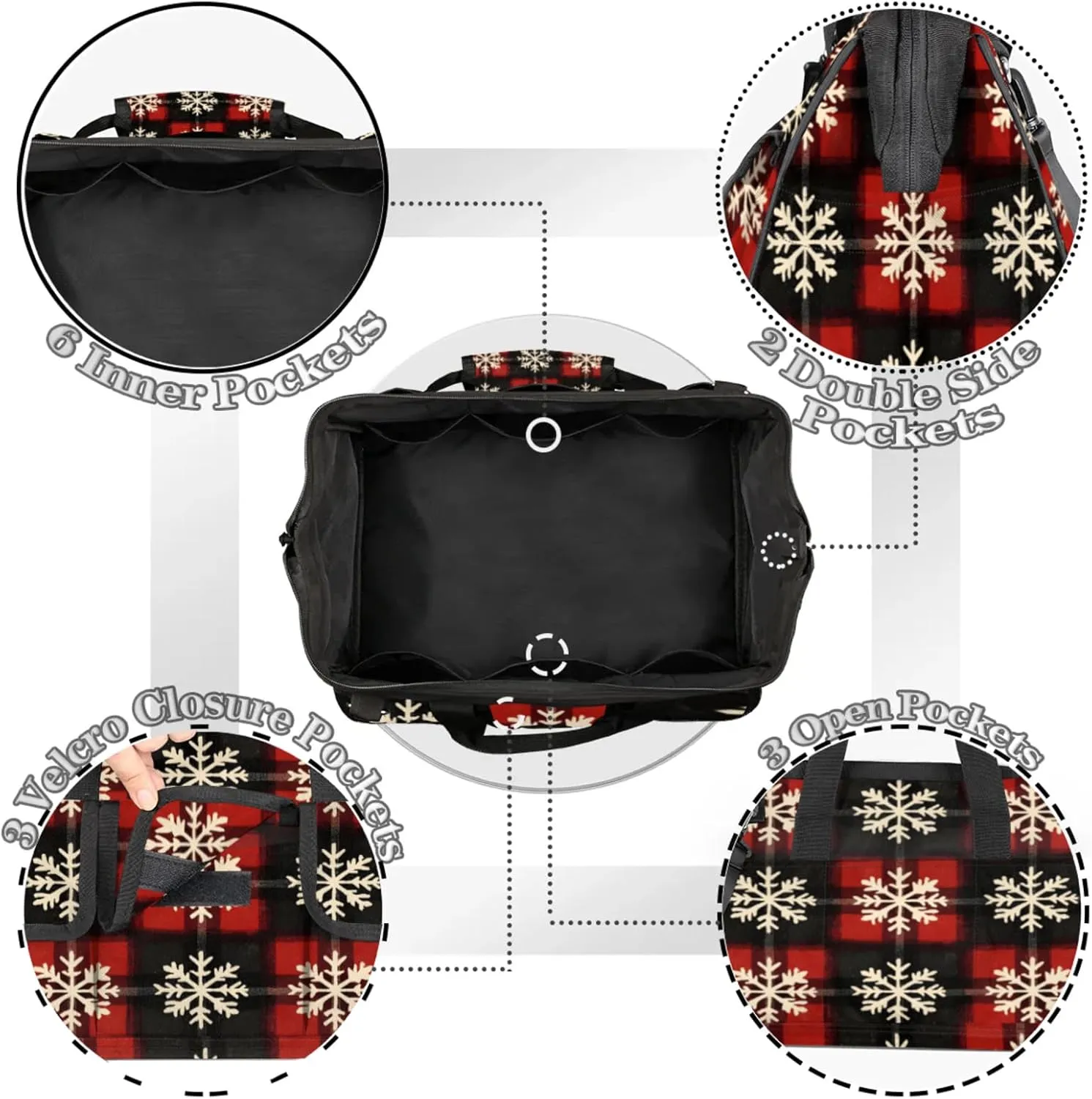 Christmas Snowflake Tool Bags for Men and Women Red Black Xmas Snowflake Heavy Duty Tool Tote Organizer Bag for Electrician Carpenter Mechanic, Adjustable Shoulder Strap