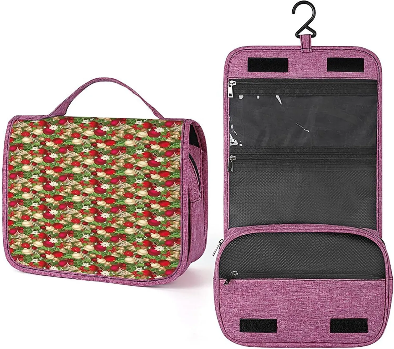 Christmas Theme,Toiletry Bag Travel Bag with Hanging Hook,Tree Branches Spruce Leaves Balls Bells,Water-resistant Makeup Cosmetic Bag Organizer for Makeup Accessories,Red Green