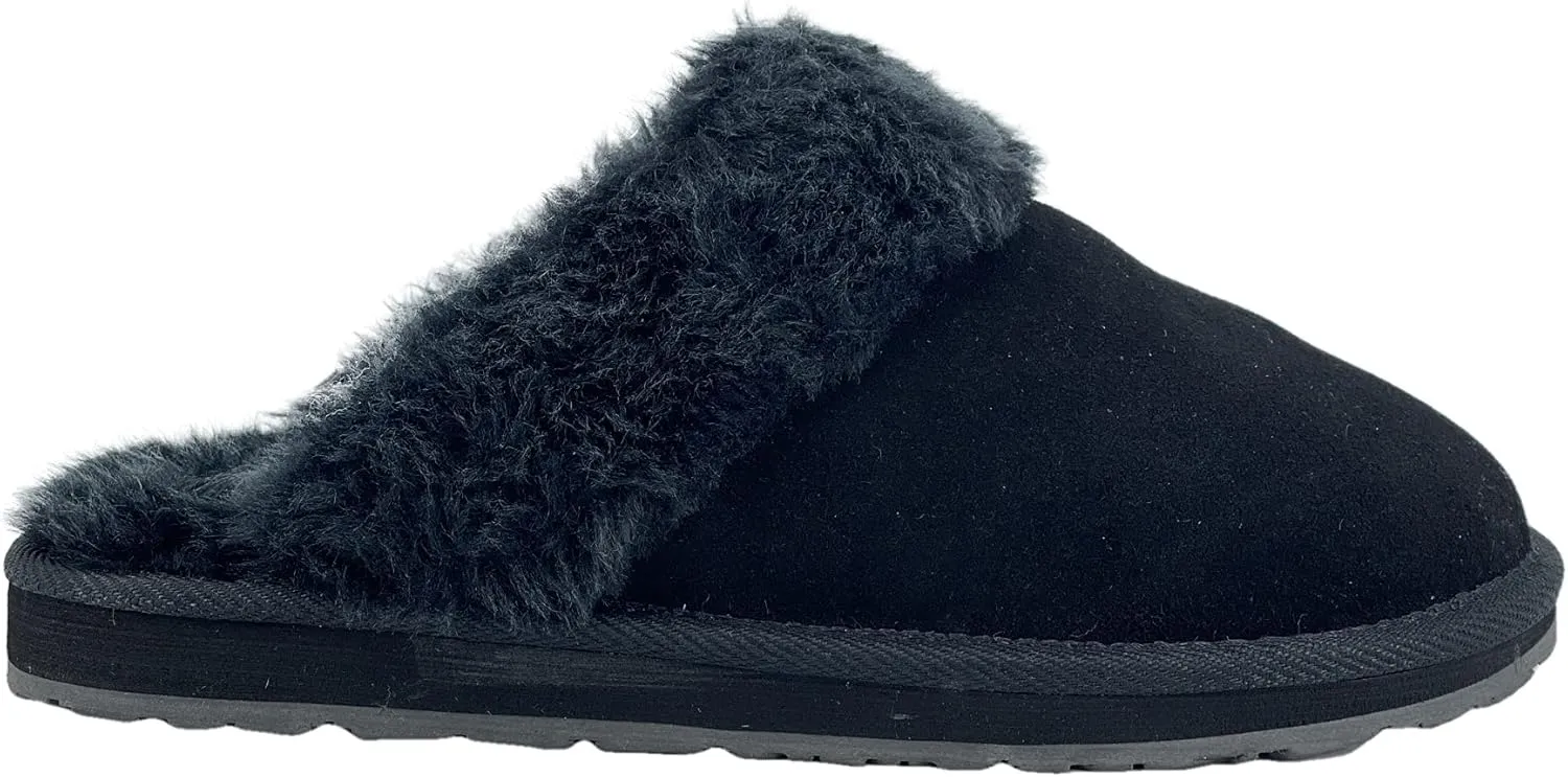 Clarks Womens Open Back Suede Leather Comfort Clog Slipper JMS0583C - Plush Faux Fur Trim - Indoor Outdoor House Slippers For Women