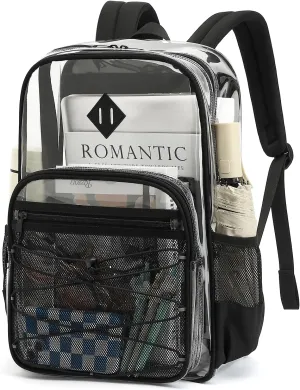 Clear Backpack for School, Large Heavy Duty Clear Bookbag for Boys and Girls, Stadium Approved See Through PVC Transparent Backpacks with 2 Front Pockets for College Work, Black