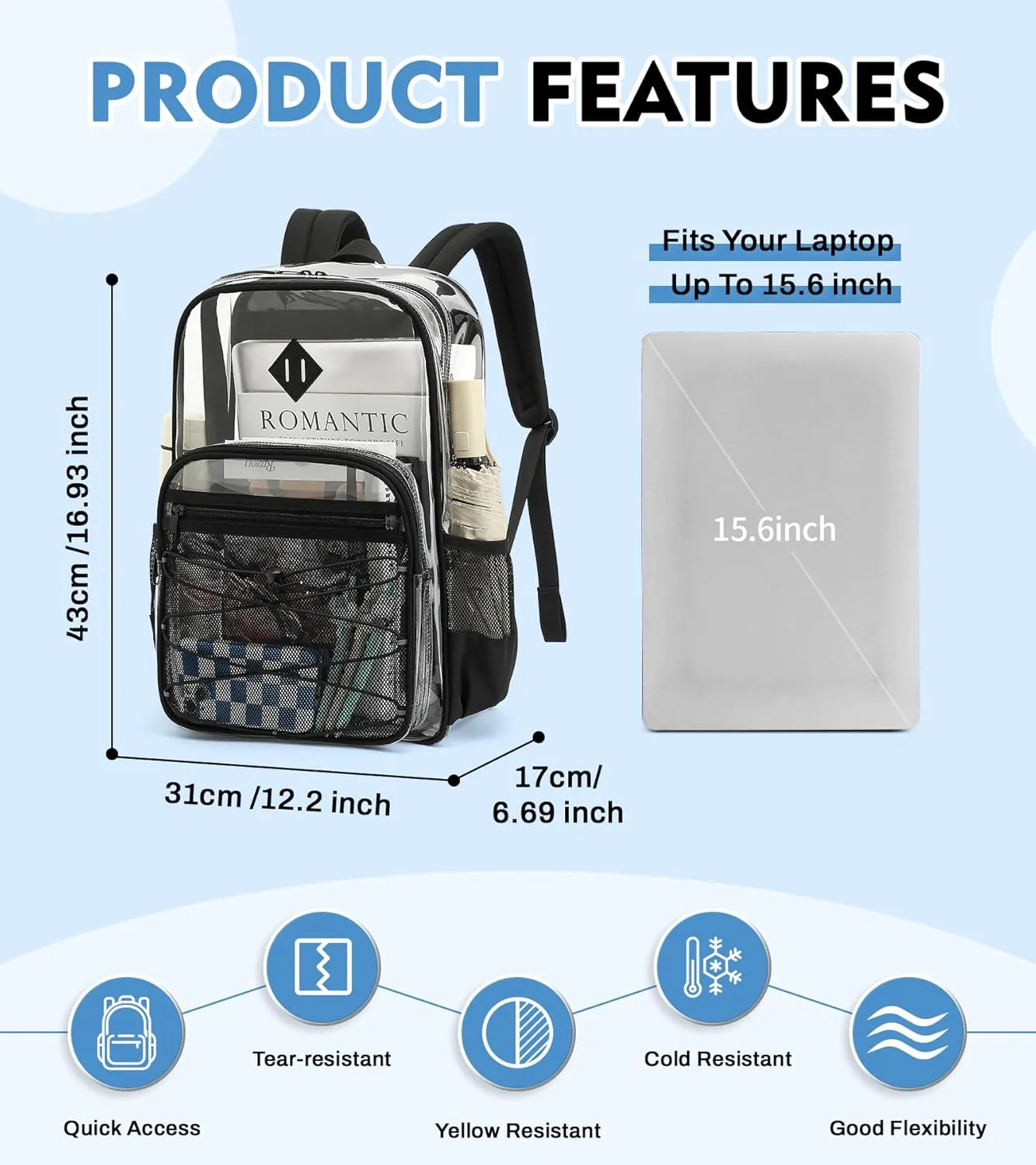 Clear Backpack for School, Large Heavy Duty Clear Bookbag for Boys and Girls, Stadium Approved See Through PVC Transparent Backpacks with 2 Front Pockets for College Work, Black