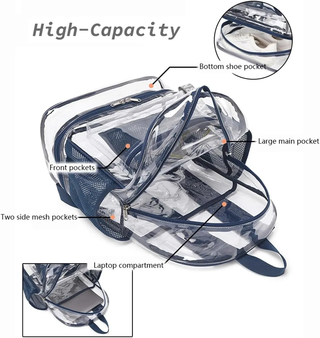 Clear Backpack Heavy Duty, See Through Backpack Purse, Gym Backpack with Laptop and Shoe Compartment (Purple), 32*19*45cm