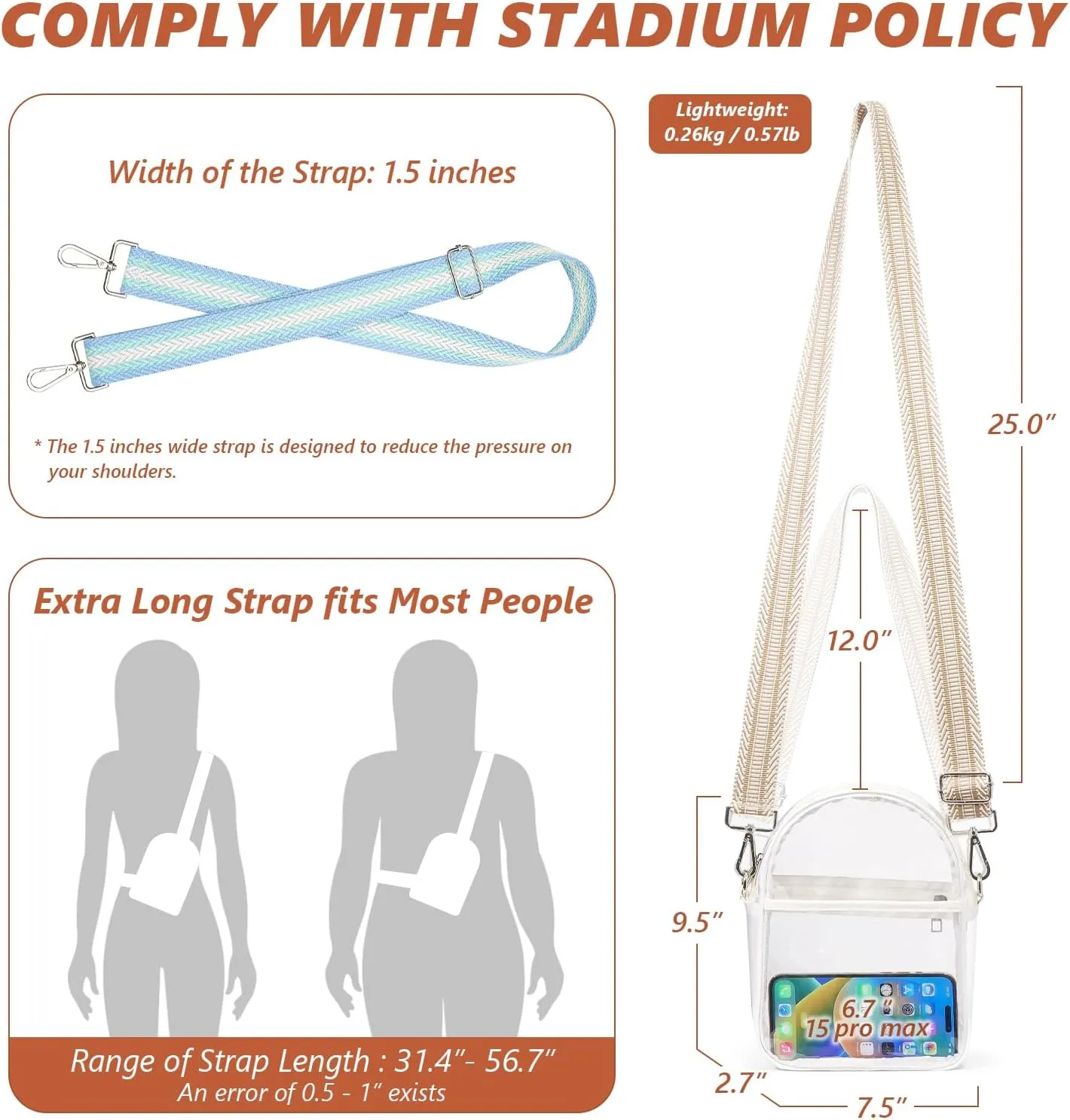 Clear Bag for Stadium Events with 2 Long Straps, See Through Purse for Women Crossbody Bag Concert Stadium Approved