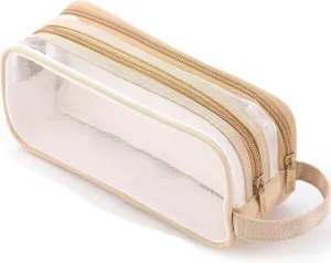 Clear Cosmetic Bag, Travel Makeup Bag, Pencil Case Transparent Pen Case Portable Make Up Organizer for Adult Teen Women Purse for Toiletries Accessories Brushes (Brown)